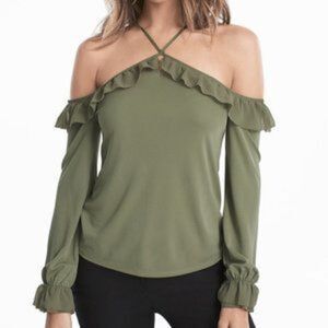 White House Black Market Ruffled Green Cold Shoulder Top Blouse Small